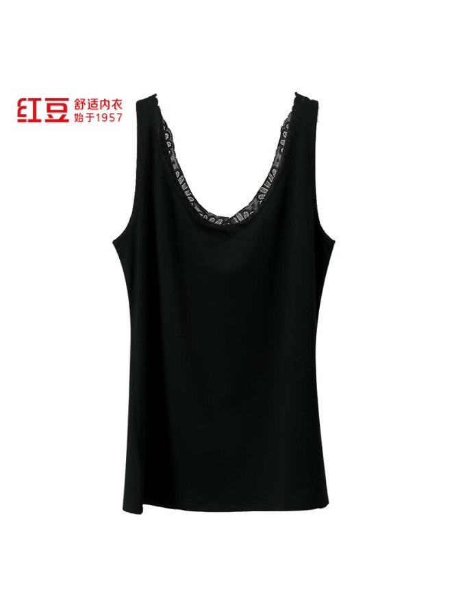 Hongdou Women's Modal Lace V-neck Vest Lightweight Slim Fit Versatile Base Shirt Enchanting Black 175 - Image 2