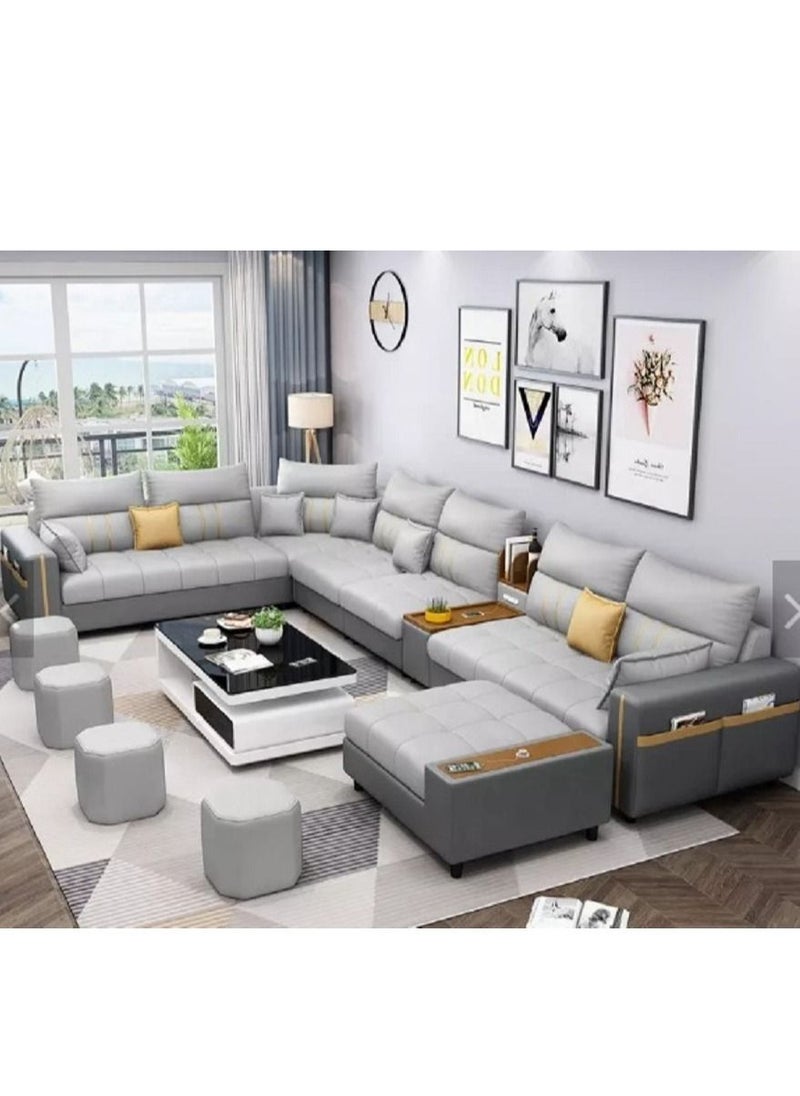 good luck foam factory - Modern Couch U Shaped Faux Leather Living Room Furniture Chaise Lounge Recliner Sectional L Shape Corner Sofa Set Grey  7 Seater 389X231X86 - Image 1