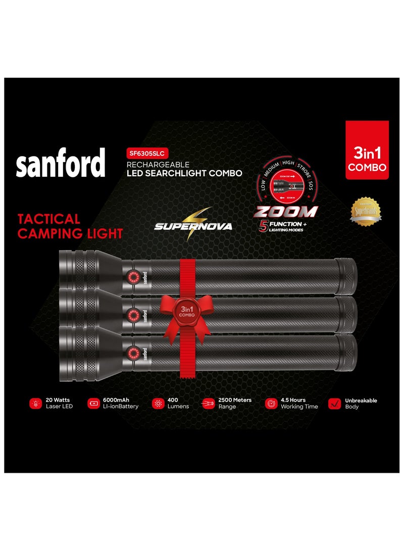 Sanford Pack of 3 Searchlight Combo, Tactical Camping Light, 400 Lumens, 2500m Range, 20W Laser LED, 6000mAh Battery, Zoom Function, 5 Modes, Unbreakable Aluminum - Image 4