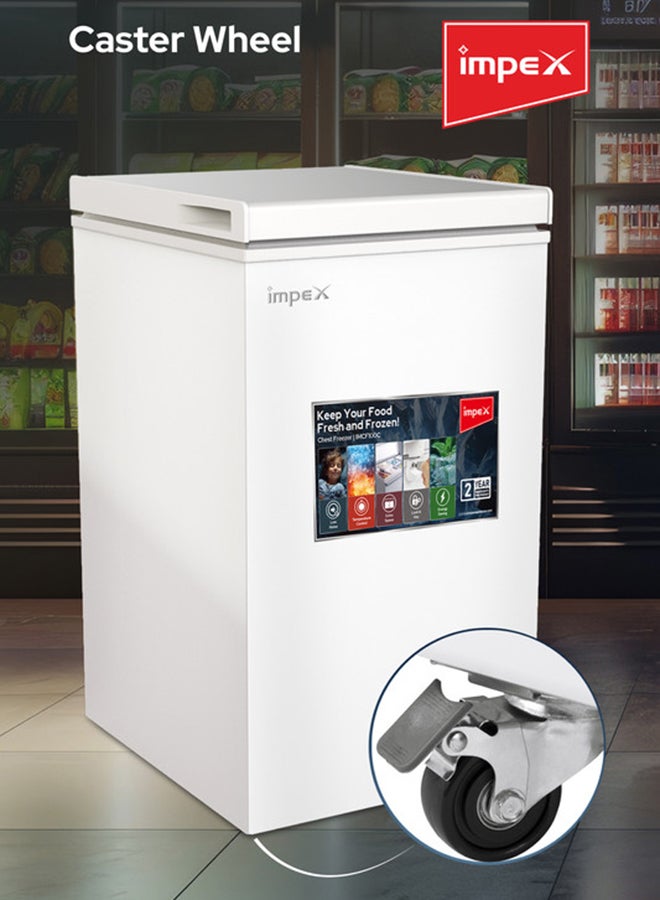إمبكس فريزر صندوقي 100 لتر IMCF100C – تبريد سريع، مقبض قفل، عجلات دوارة، مصباح داخلي، R600a، ≤–18°C - Image 4
