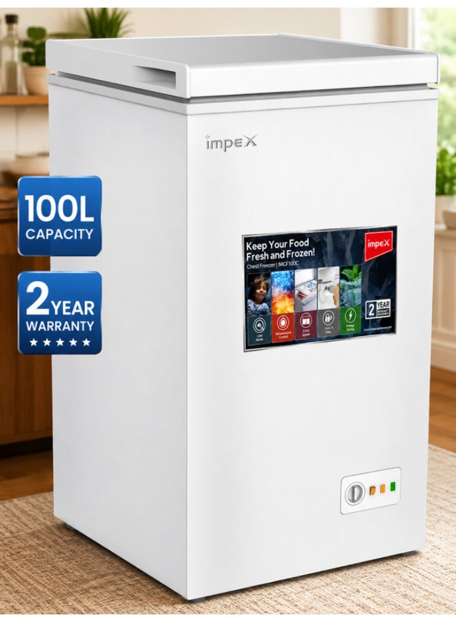 إمبكس فريزر صندوقي 100 لتر IMCF100C – تبريد سريع، مقبض قفل، عجلات دوارة، مصباح داخلي، R600a، ≤–18°C - Image 1