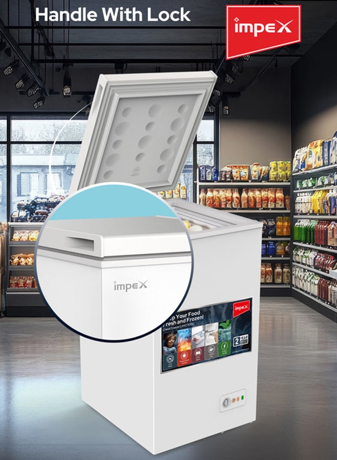 إمبكس فريزر صندوقي 100 لتر IMCF100C – تبريد سريع، مقبض قفل، عجلات دوارة، مصباح داخلي، R600a، ≤–18°C - Image 5