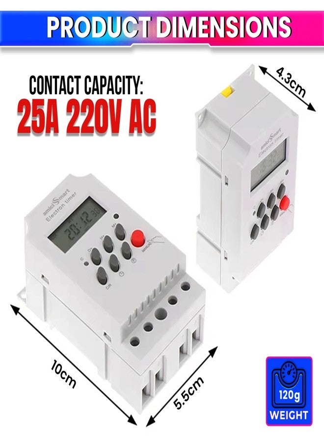 amiciSmart Digital Programmable Timer Switch Relay | 28 ON/OFF Schedules | 7-Day Cycle | DIN Rail Mounted | 25A 220V AC for Automation - Image 3