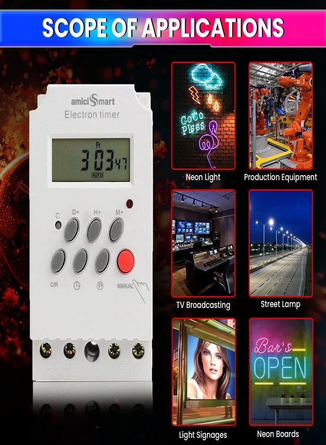 amiciSmart Digital Programmable Timer Switch Relay | 28 ON/OFF Schedules | 7-Day Cycle | DIN Rail Mounted | 25A 220V AC for Automation - Image 4