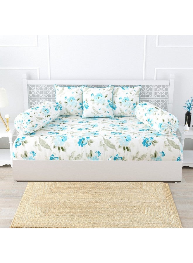 Trance Home Linen 108TC 100% Cotton Thick Printed Diwan Set | Deewan Bedsheet Set for Living Room(Set of 6 Pc, 1-Bed Sheet 54x88 Inch | 2-Bolster Cover 16x32 in | 3-Cushion Cover 16x16 in)-Tashi Blue