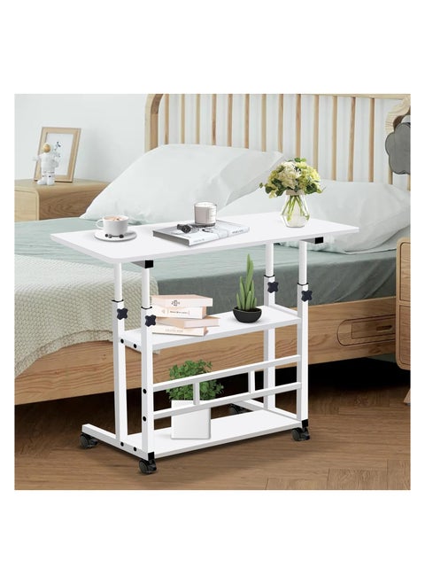Mobile Stand Up Desk with Wheels Double Layer Storage Computer Workstations,Portable Study Furniture for Bedside Sofa Side  (White)