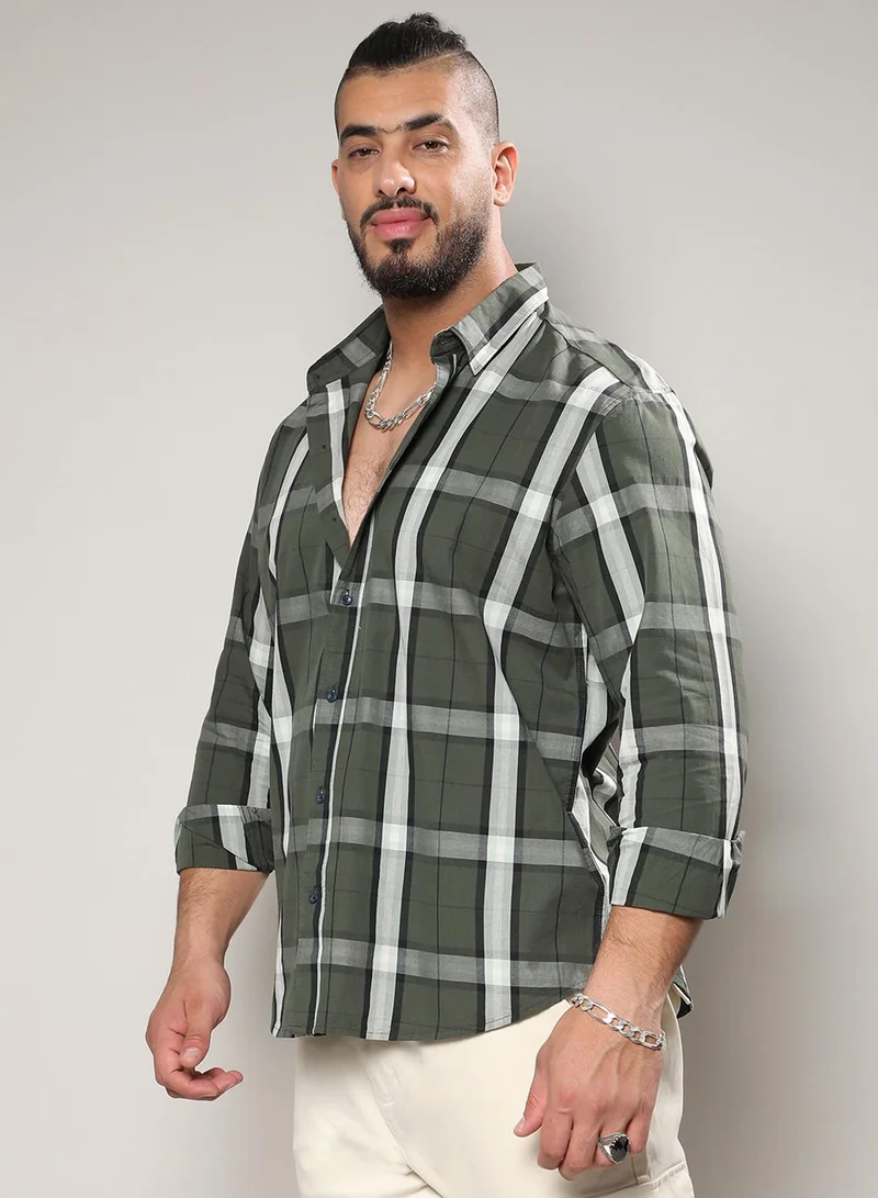 Instafab Plus Instafab Plus Men's Tartan Plaid Dark Green Button Up Plus-Size Fit Shirt For Casual Wear | Cotton Spread Collar Shirt Crafted With Regular Sleeve & Comfort Fit For Everyday Wear