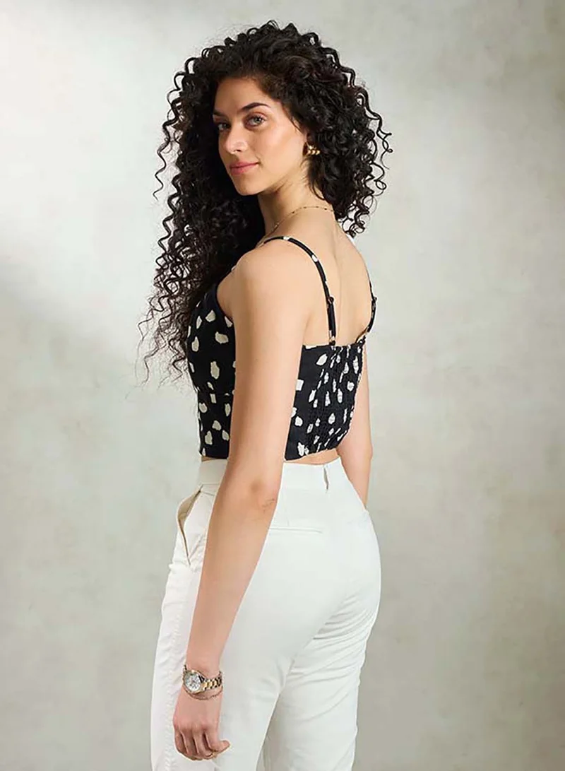 Virgio VIRGIO Linen Printed Front Tie-Up Crop Top