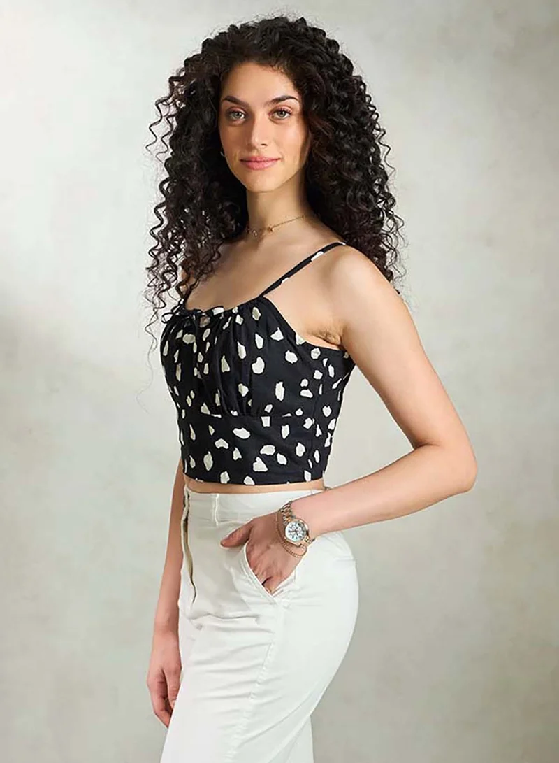 Virgio VIRGIO Linen Printed Front Tie-Up Crop Top