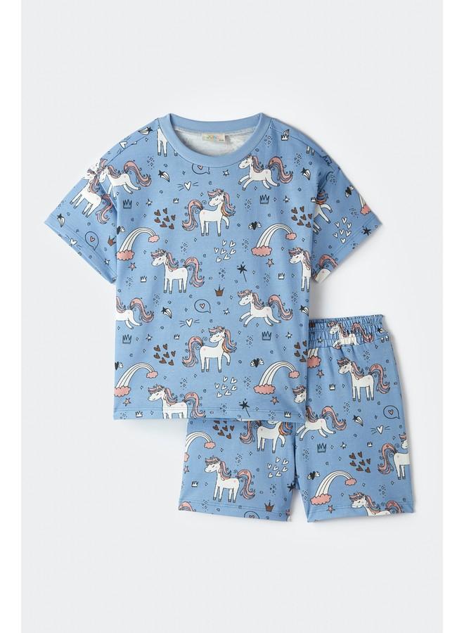 June Girl Printed Short-Tshirt Set Dark Blue - Image 2