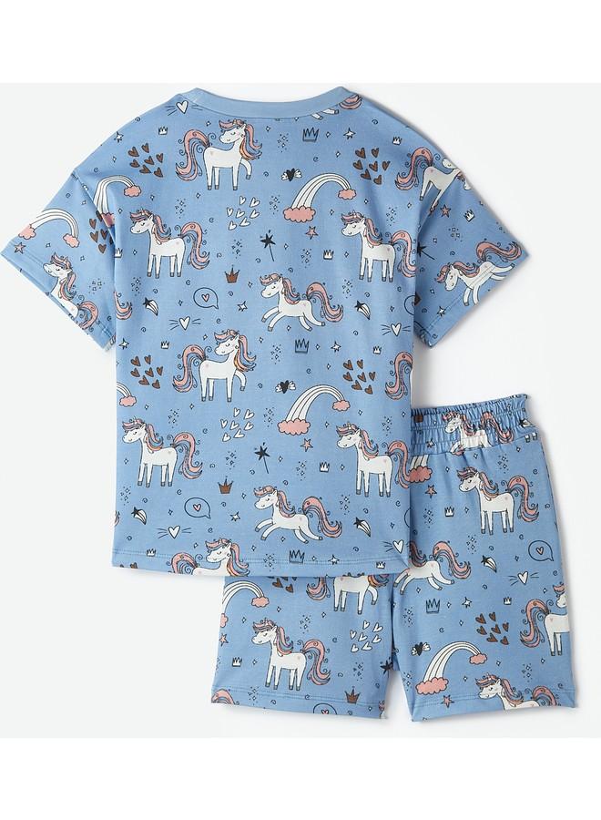 June Girl Printed Short-Tshirt Set Dark Blue - Image 1