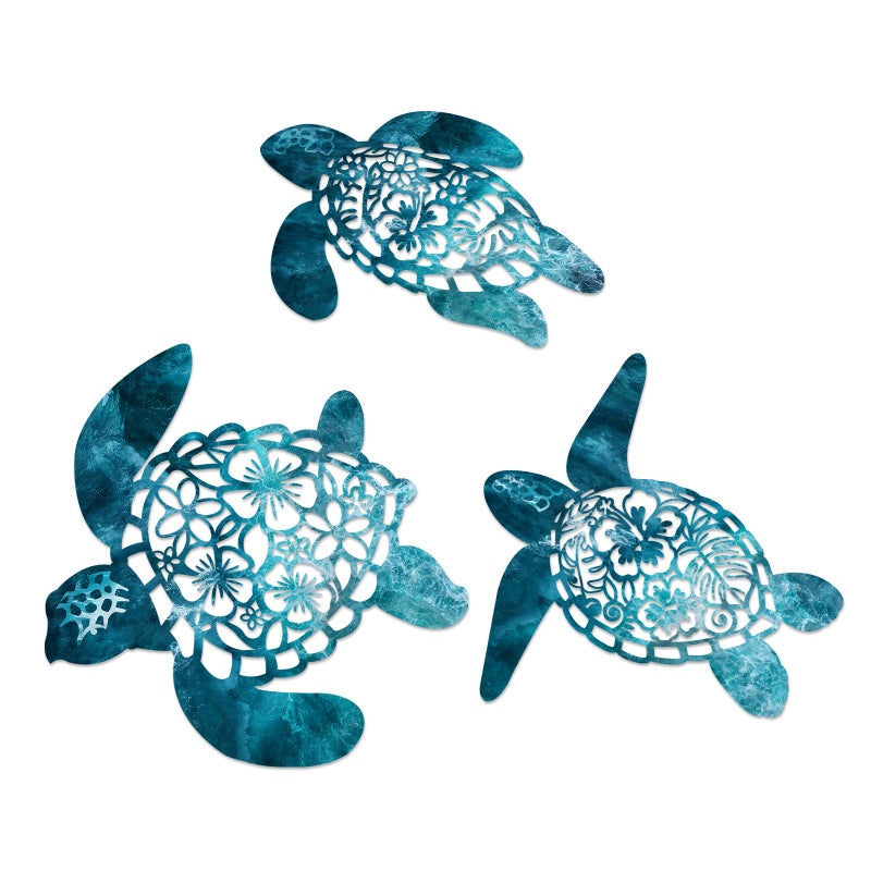 Pigort Metal Turtle Wall Decor - Beach Bathroom Decor -Vintage Coastal Ornaments for Pool, Home, Lake House, Bathroom, Garden â€“ Beach Theme Art Decorations in 3 Sizes (12", 10.2", 9.4") (Deep blue) - Image 1