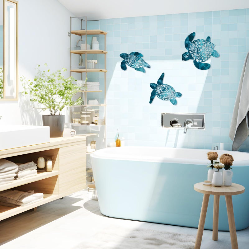 Pigort Metal Turtle Wall Decor - Beach Bathroom Decor -Vintage Coastal Ornaments for Pool, Home, Lake House, Bathroom, Garden â€“ Beach Theme Art Decorations in 3 Sizes (12", 10.2", 9.4") (Deep blue) - Image 4