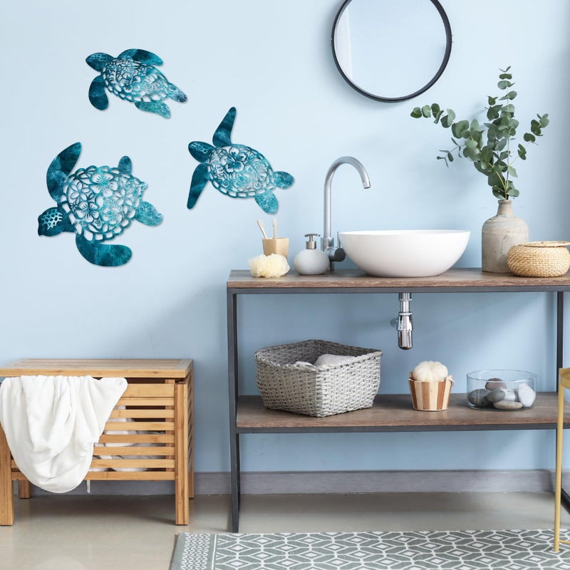Pigort Metal Turtle Wall Decor - Beach Bathroom Decor -Vintage Coastal Ornaments for Pool, Home, Lake House, Bathroom, Garden â€“ Beach Theme Art Decorations in 3 Sizes (12", 10.2", 9.4") (Deep blue) - Image 5