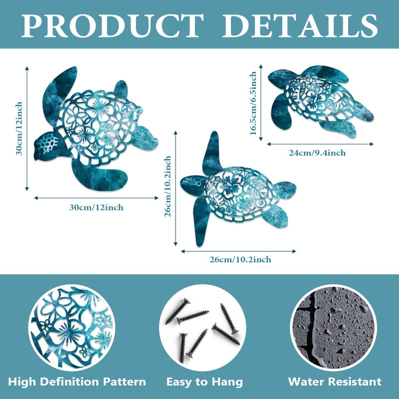 Pigort Metal Turtle Wall Decor - Beach Bathroom Decor -Vintage Coastal Ornaments for Pool, Home, Lake House, Bathroom, Garden â€“ Beach Theme Art Decorations in 3 Sizes (12", 10.2", 9.4") (Deep blue) - Image 2