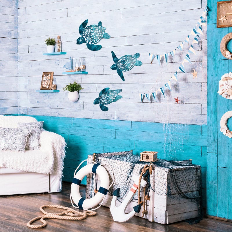 Pigort Metal Turtle Wall Decor - Beach Bathroom Decor -Vintage Coastal Ornaments for Pool, Home, Lake House, Bathroom, Garden â€“ Beach Theme Art Decorations in 3 Sizes (12", 10.2", 9.4") (Deep blue) - Image 3