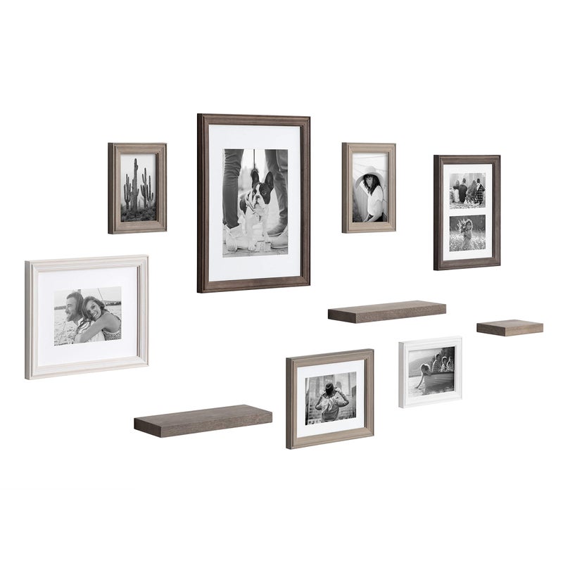 Kate and Laurel Kate and Laurel Bordeaux Gallery Wall Frame and Shelf Kit Set of 10 Multicolored with Whitewash Charcoal Gray and Farmhouse Gray Assorted Size Frames and Three Display Shelves 