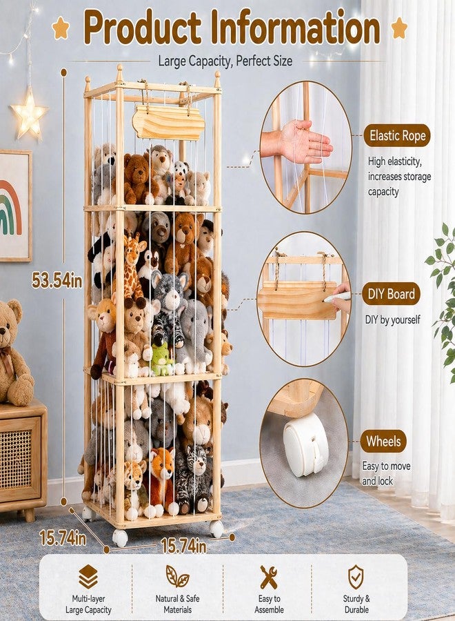 TANONE Stuffed Animal Storage - Wooden Large Organizer Holder for Kids' Room and Playroom - Plush Zoo Animals Holder with Elastic Cords & Brake Wheel for Toddler Bedroom Toy Stuff Organization - Image 4