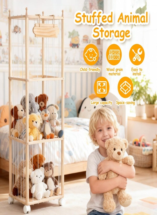 TANONE Stuffed Animal Storage - Wooden Large Organizer Holder for Kids' Room and Playroom - Plush Zoo Animals Holder with Elastic Cords & Brake Wheel for Toddler Bedroom Toy Stuff Organization - Image 3