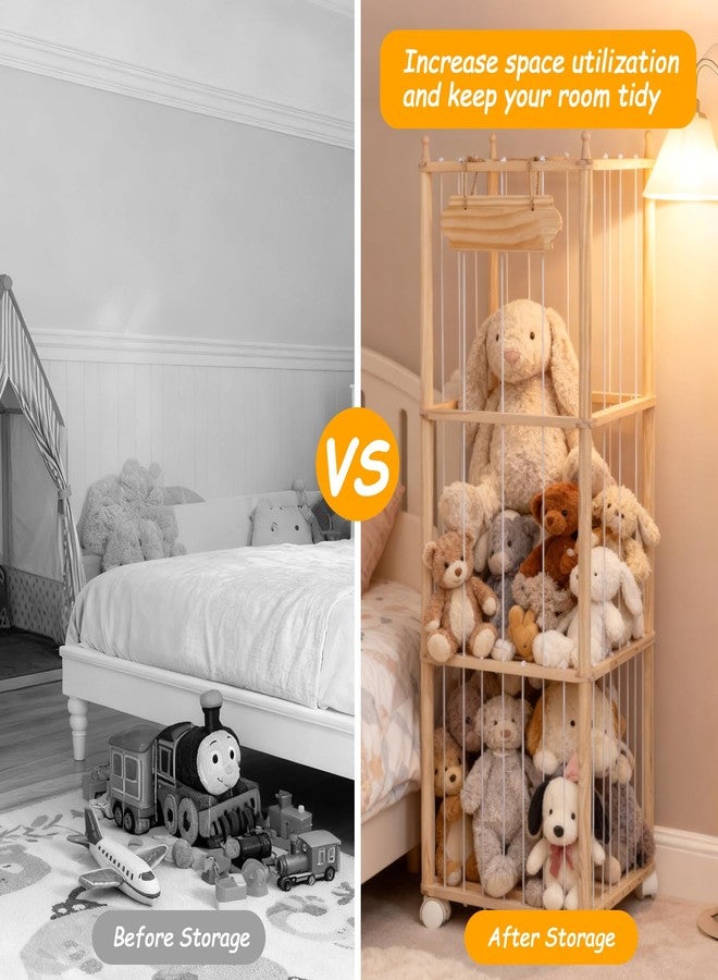 TANONE Stuffed Animal Storage - Wooden Large Organizer Holder for Kids' Room and Playroom - Plush Zoo Animals Holder with Elastic Cords & Brake Wheel for Toddler Bedroom Toy Stuff Organization - Image 2