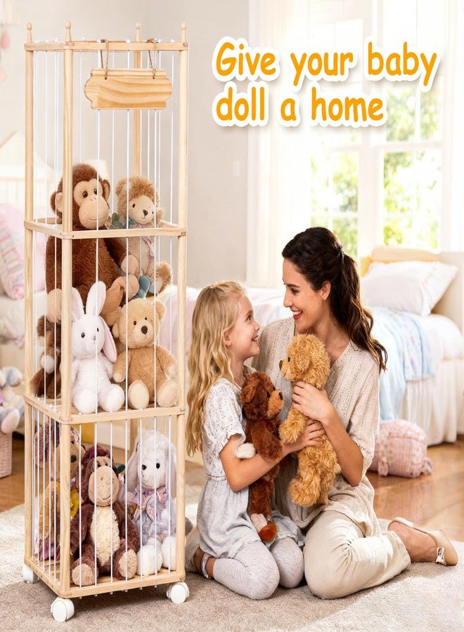 TANONE Stuffed Animal Storage - Wooden Large Organizer Holder for Kids' Room and Playroom - Plush Zoo Animals Holder with Elastic Cords & Brake Wheel for Toddler Bedroom Toy Stuff Organization - Image 5