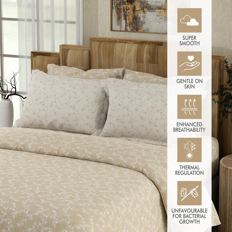 BOUTIQUE LIVING BOUTIQUE LIVING Isabella 500 TC Tencel Cotton King Size Bedsheet with 4 Pillow Covers (Double Marrow Stitch) - Beige & White Floral Print  - Image 2