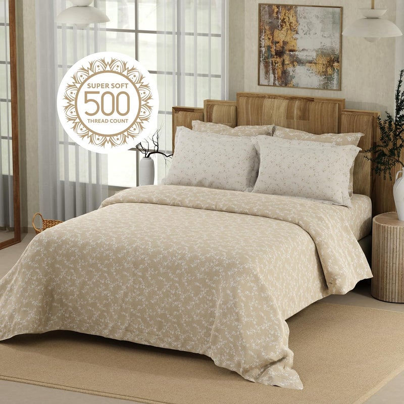 BOUTIQUE LIVING BOUTIQUE LIVING Isabella 500 TC Tencel Cotton King Size Bedsheet with 4 Pillow Covers (Double Marrow Stitch) - Beige & White Floral Print  - Image 4
