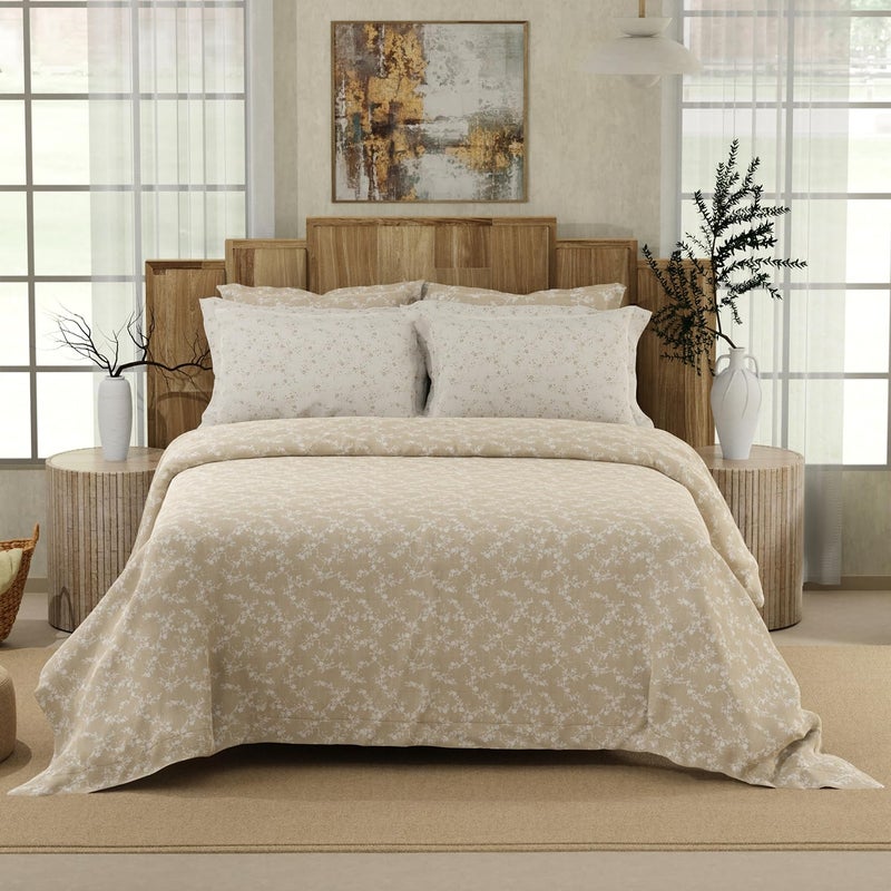 BOUTIQUE LIVING BOUTIQUE LIVING Isabella 500 TC Tencel Cotton King Size Bedsheet with 4 Pillow Covers (Double Marrow Stitch) - Beige & White Floral Print  - Image 1
