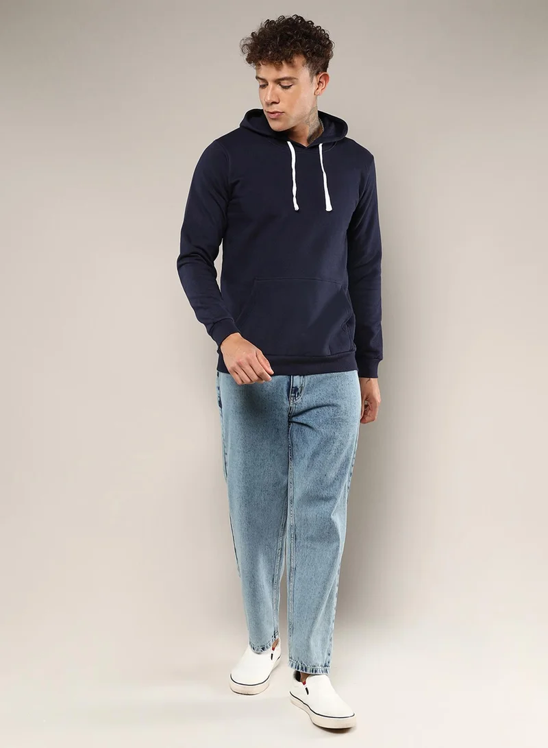 كامبوس سوترا Men's Navy Blue Pullover Hoodie With Contrast Drawstring