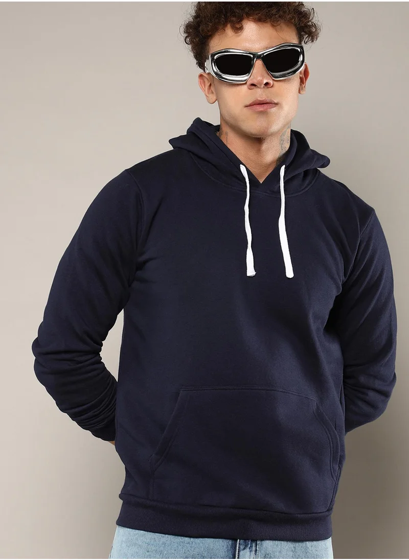 Campus Sutra Men's Navy Blue Pullover Hoodie With Contrast Drawstring