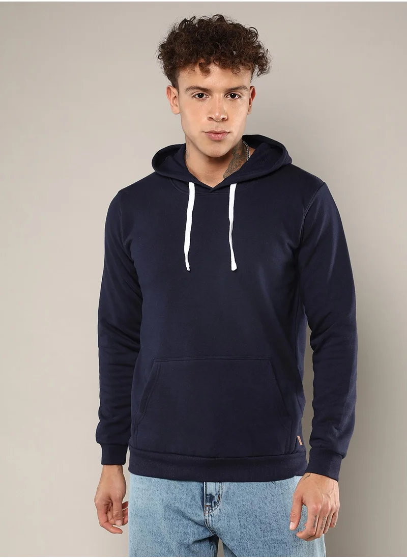 Campus Sutra Men's Navy Blue Pullover Hoodie With Contrast Drawstring