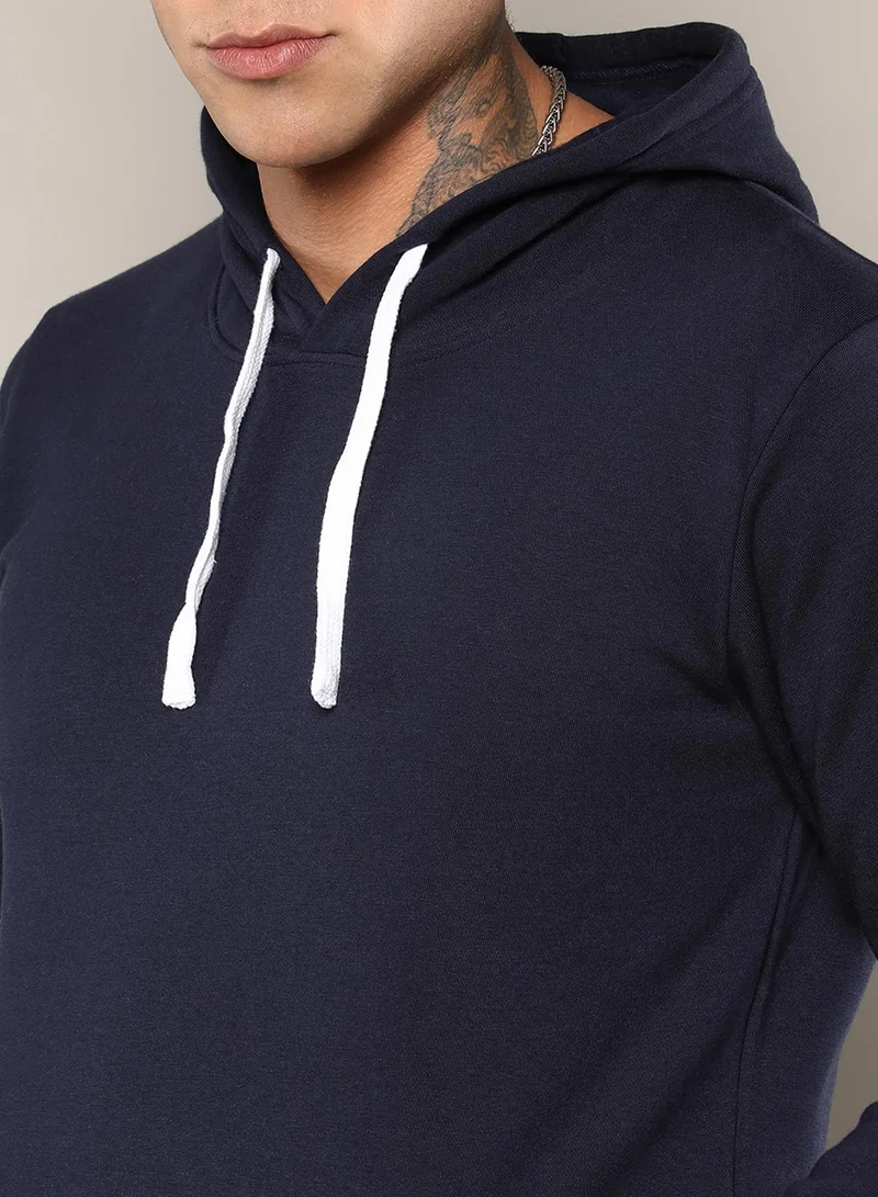 كامبوس سوترا Men's Navy Blue Pullover Hoodie With Contrast Drawstring
