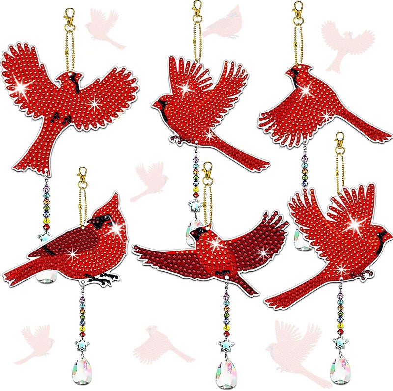 JeCuiK 6 Pcs Cardinal Bird Diamond Painting Wind Chimes 5D DIY Diamond Painting Suncatcher Ornament Double Sided Diamond Art Suncatcher Hanging Crystal Pendant Best Gifts for Mom - Image 1