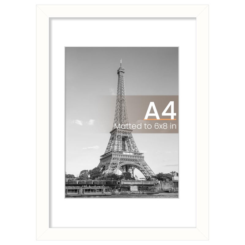 upsimples upsimples A4 Picture Frame  Display Pictures 6x8 with Mat or 8.3x11.7 Without Mat  Wall Hanging Photo Frame  White  1 Pack - Image 1