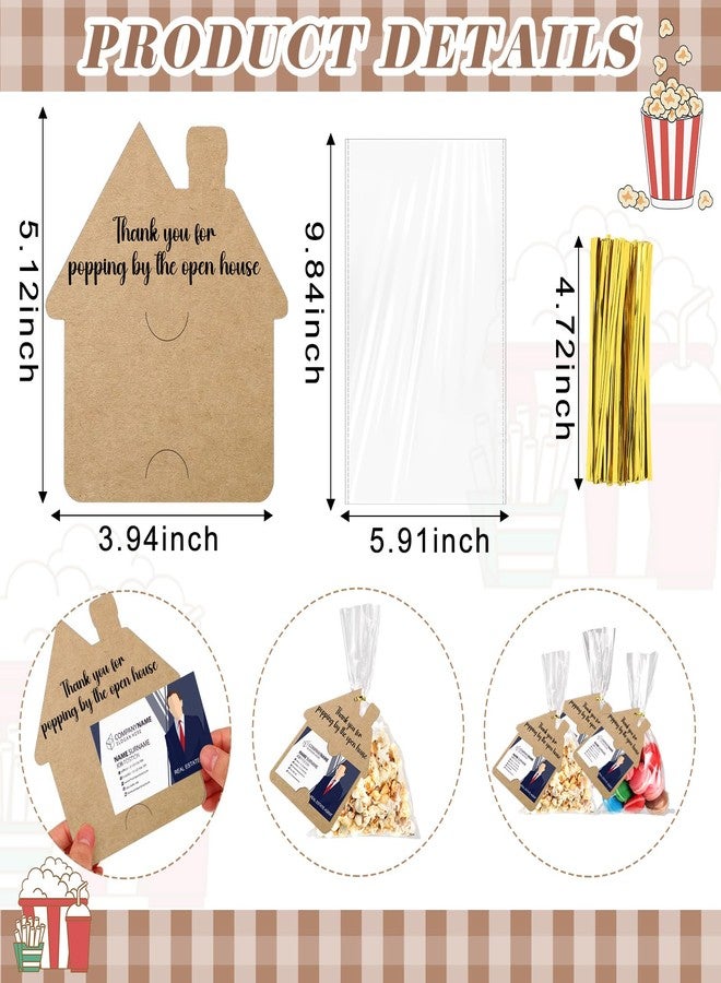 Hoolerry 50 Set Open House Gift Real Estate Agent Supplies Popcorn Bag with Tag Open House Supplies Thanks Tag Business Card Thank You for Popping by Candy Bag for Estate Agent Favors (Brown - Image 2