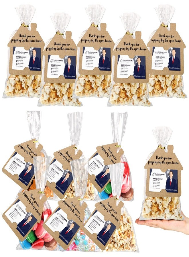 Hoolerry 50 Set Open House Gift Real Estate Agent Supplies Popcorn Bag with Tag Open House Supplies Thanks Tag Business Card Thank You for Popping by Candy Bag for Estate Agent Favors (Brown - Image 1