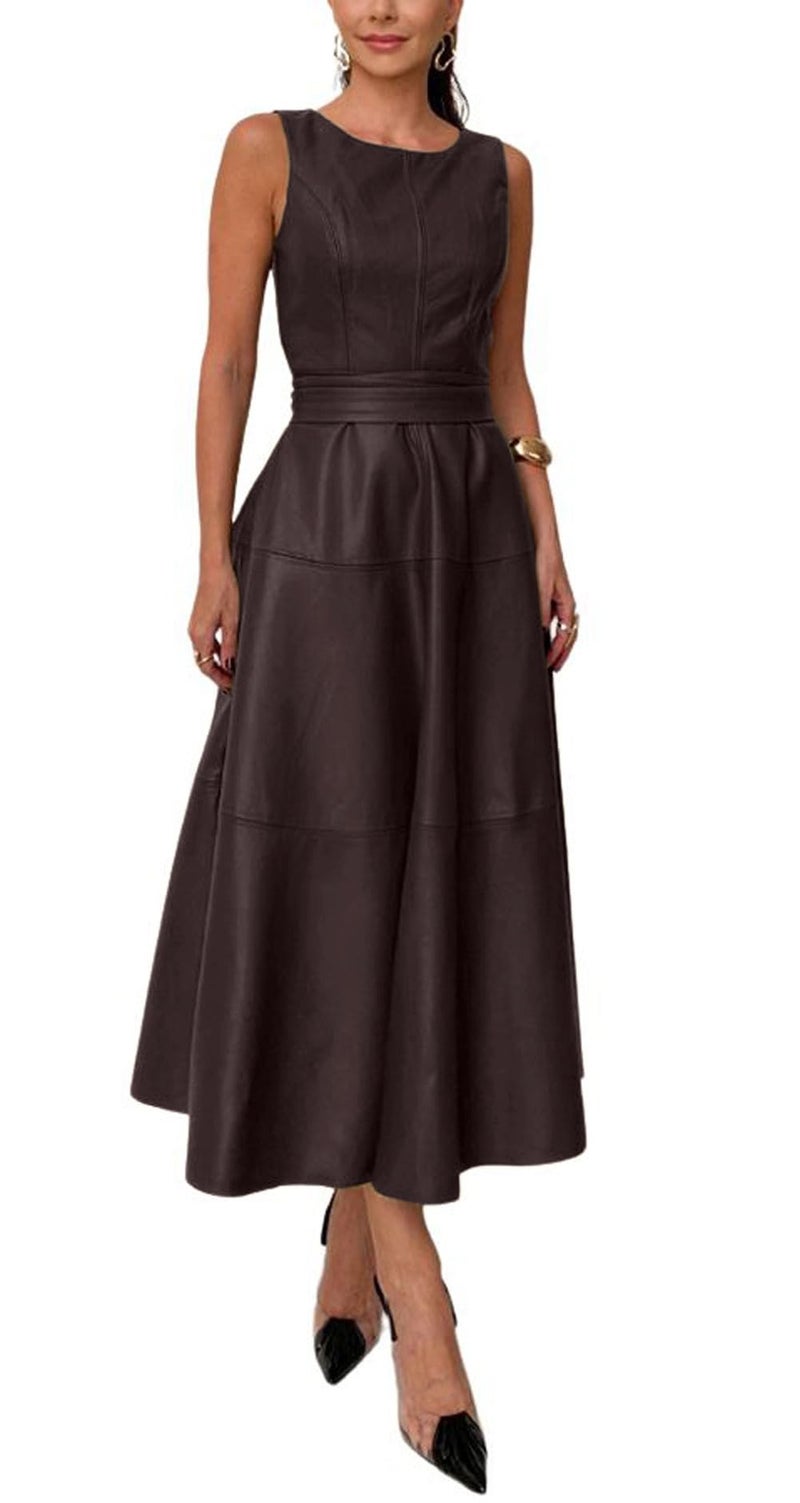CHARTOU Women PU Faux Leather Sleeveless Elegant Flowy Long Dress Party Night Out Dress with Belt (Medium, Coffee) - Image 1