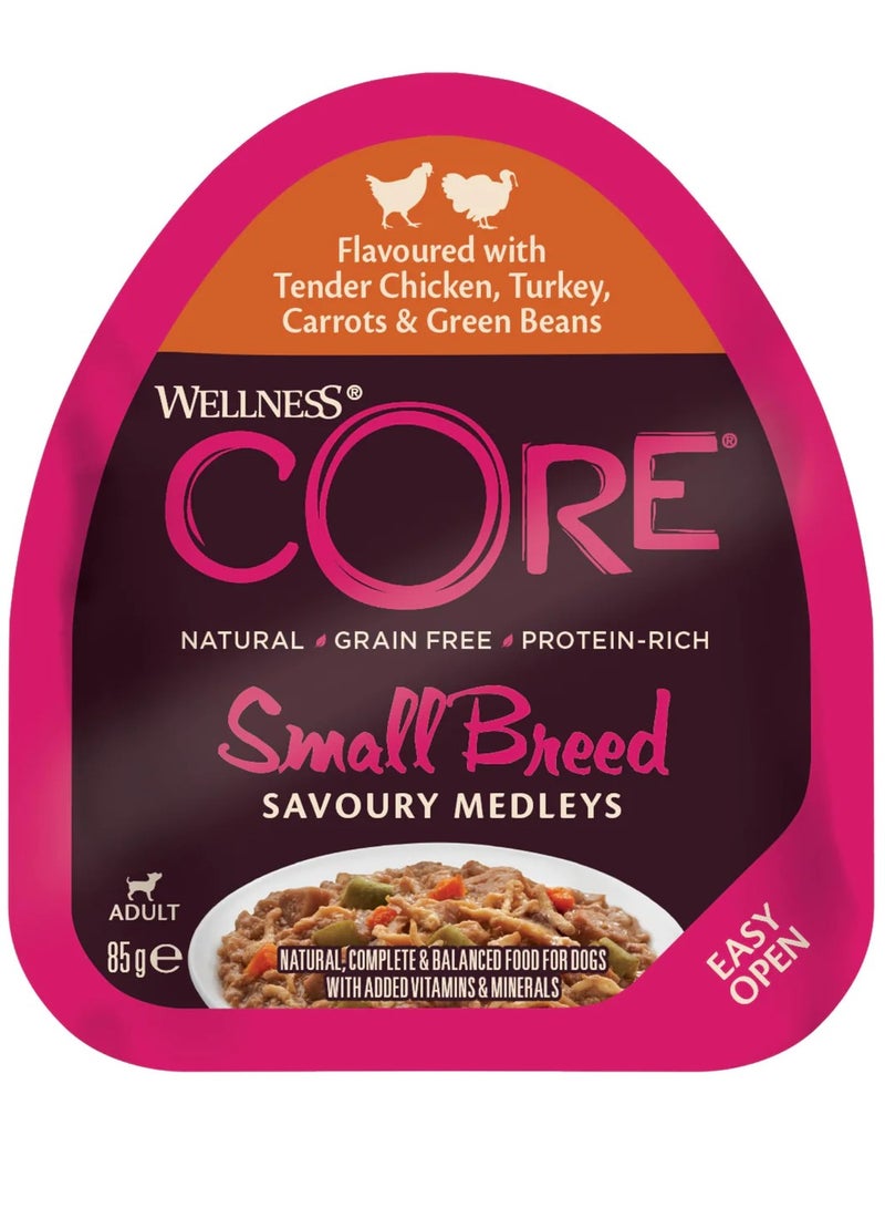 مزيج لذيذ من الدجاج الطري والديك الرومي والجزر والفاصوليا الخضراء للكلاب البالغة من السلالات الصغيرة 85 جرام