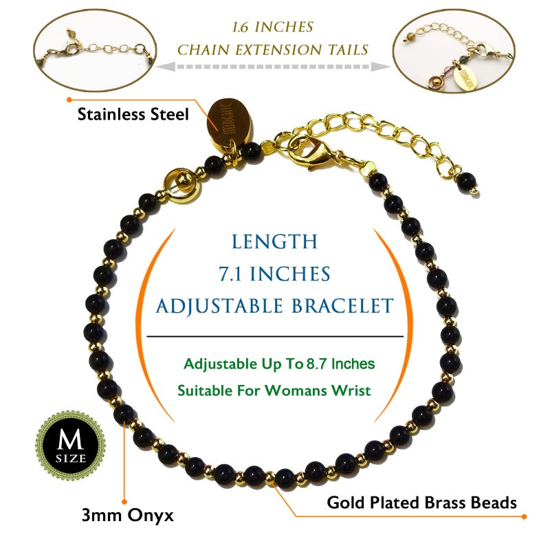 Morchic 3mm Black Onyx Tiny Beads Bracelet for Women, Adjustable 7.1" Dainty Handmade Energy Gem Jewelry, Birthday Gift - Image 2