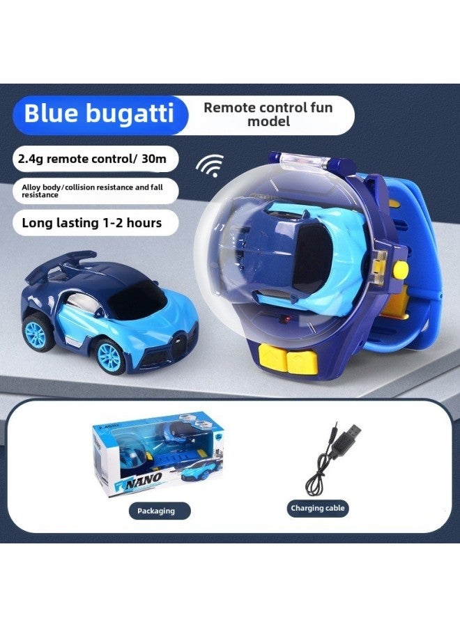 Mini Children's Watch Remote Control Police Car 2.4G Alloy Remote Control Small Car Children's Toy Remote Control Vehicle-Color:Alloy Blue Cloth Gadi (charging Version)  - Image 1