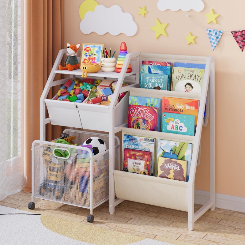 LATIBELL Kids Bookshelf and Toy Storage Organizer - 3 Tier Book Shelf for Kids Rooms with Movable Drawer, Kid Bookcase with 2 Toy Bins, Toddler Baby Childrens Bookshelf, for Bedroom Playroom Classroom (White) - Image 1
