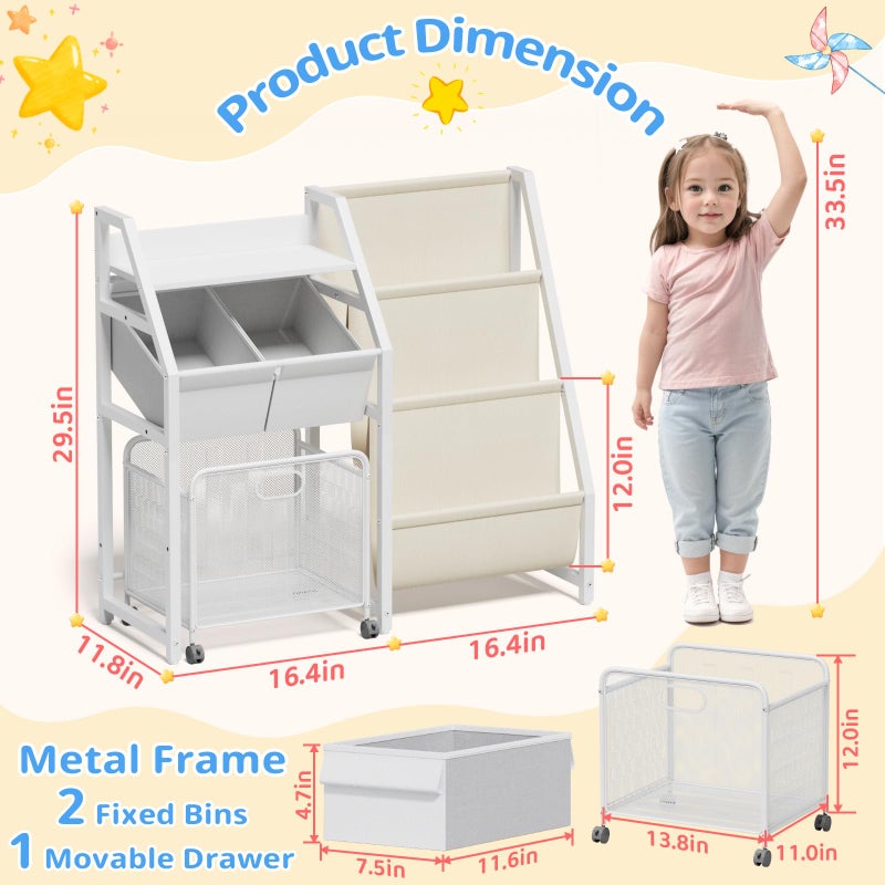 LATIBELL Kids Bookshelf and Toy Storage Organizer - 3 Tier Book Shelf for Kids Rooms with Movable Drawer, Kid Bookcase with 2 Toy Bins, Toddler Baby Childrens Bookshelf, for Bedroom Playroom Classroom (White) - Image 2