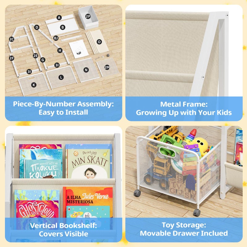 LATIBELL Kids Bookshelf and Toy Storage Organizer - 3 Tier Book Shelf for Kids Rooms with Movable Drawer, Kid Bookcase with 2 Toy Bins, Toddler Baby Childrens Bookshelf, for Bedroom Playroom Classroom (White) - Image 4