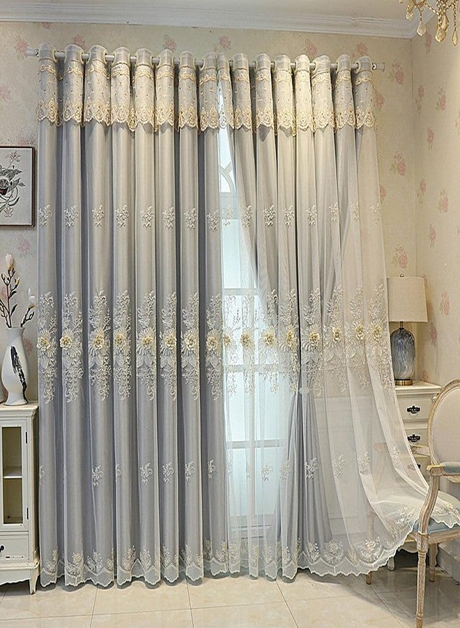 Amidoudou 1 Pair Luxury European Curtains with Valance for Living Room Bedroom Double Layer Embroidered Room Darkening Curtains (Grey,51x96 Inch) - Image 5