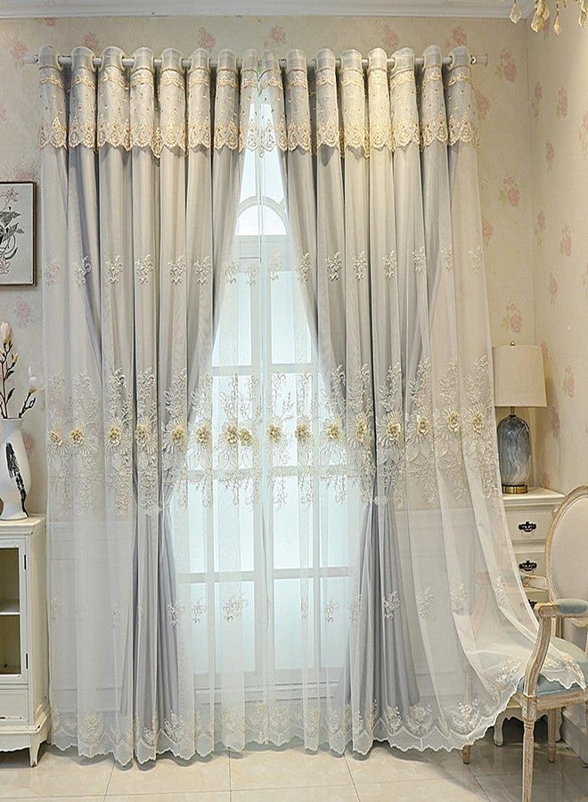 Amidoudou 1 Pair Luxury European Curtains with Valance for Living Room Bedroom Double Layer Embroidered Room Darkening Curtains (Grey,51x96 Inch) - Image 2