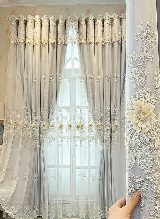 Amidoudou 1 Pair Luxury European Curtains with Valance for Living Room Bedroom Double Layer Embroidered Room Darkening Curtains (Grey,51x96 Inch) - Image 1