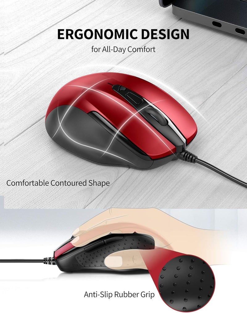 TECKNET USB Wired Mouse, 6400 DPI Mice 4 Adjustable DPI with 7-Button Corded, Optical Computer Mouse with Ergonomic Design for Laptop, Chromebook, PC, Desktop, Mac, Notebook-Red - Image 2