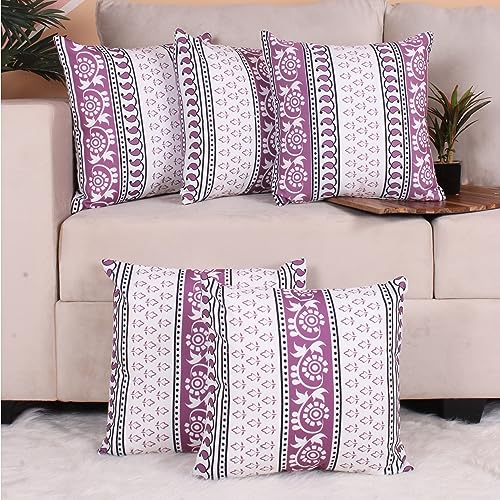 BRICK HOME Both Side Block Print Garden Blooms Mauve Cushion Cover Set of 5 (16 x 16 Inches) - Image 1