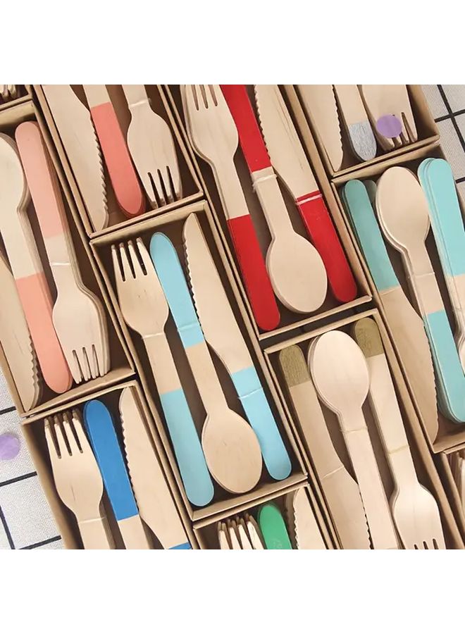Red Wooden Disposable Cutlery Set Knife Fork Spoon Boxed Tableware For Outdoor Picnic Takeout - Image 1