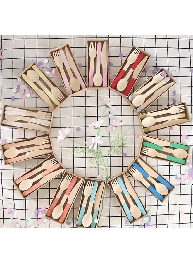 Red Wooden Disposable Cutlery Set Knife Fork Spoon Boxed Tableware For Outdoor Picnic Takeout - Image 3